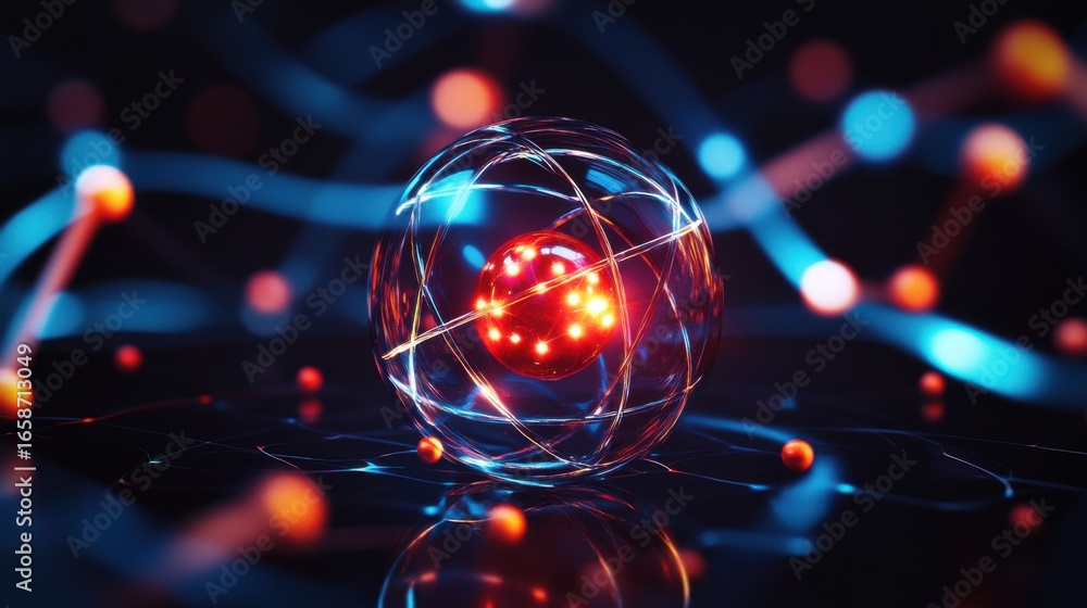 Poster visualization of atomic structure showcasing atomic particles and energy flows in a dark environment