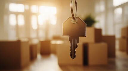 Key hanging in focus with moving boxes in background during a bright afternoon light in a new apartment
