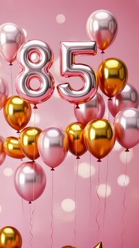 Festive pink and gold balloon celebration with floating numbers in elegant party setting
