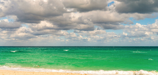 Romantic summer vacation at seascape. Sunset sea and seascape. Sea horizon view. Cloudy sky and...