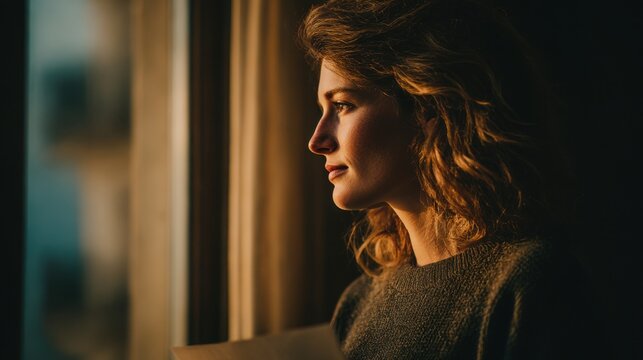 Woman gazing thoughtfully out of a window during golden hour in a cozy indoor setting