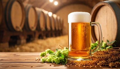 Golden Beer in Rustic Brewery Setting Composition of Beer Mug, Hop Cones and Barley, Wooden Barrels Background, Beer Brewing, Craft Beer Craft Beer, Brewery