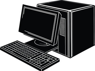 Fototapeta premium Black and white illustration of a desktop computer with monitor and keyboard technology