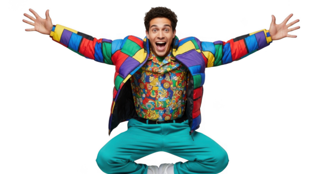 Man in colorful jacket and pants with arms outstretched isolated on transparent background