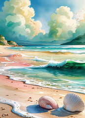 Watercolor beach landscape with seashell and palm tree, beautiful ocean painting,  coastal, tropical beach, summer sunset beach vacation art illustration