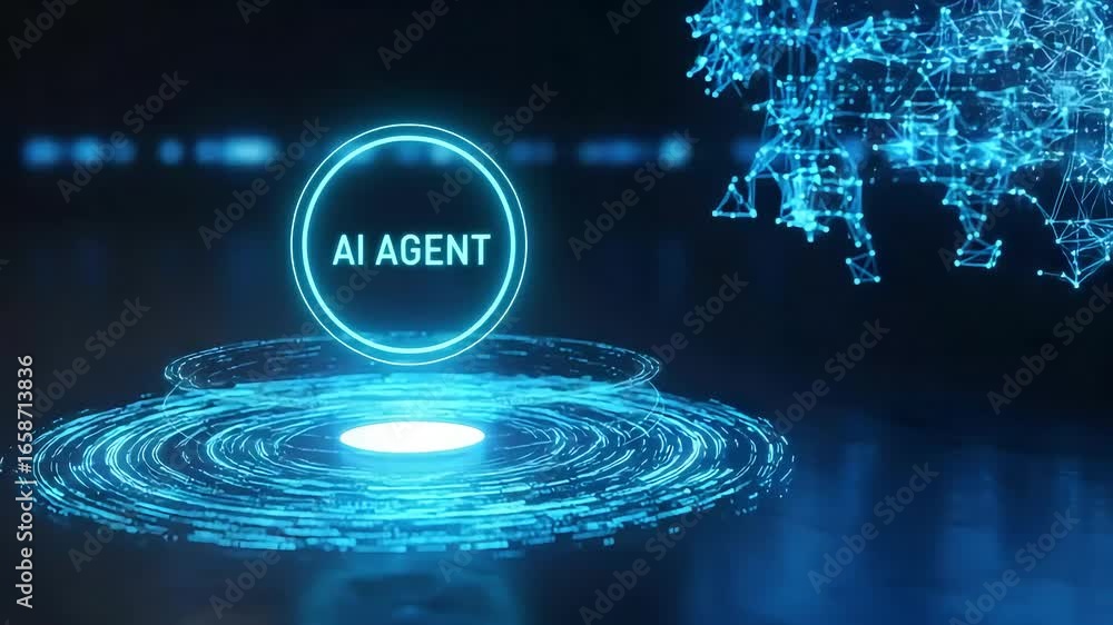 Poster an abstract visualization of an ai agent, represented by a glowing blue circle with text, surrounded