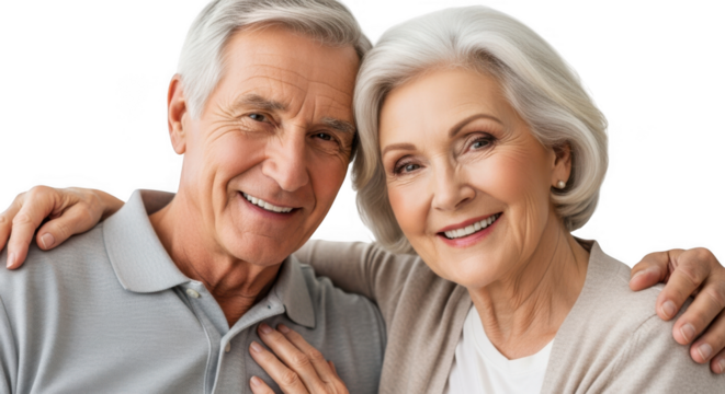 Smiling elderly couple embracing affectionately isolated on transparent background