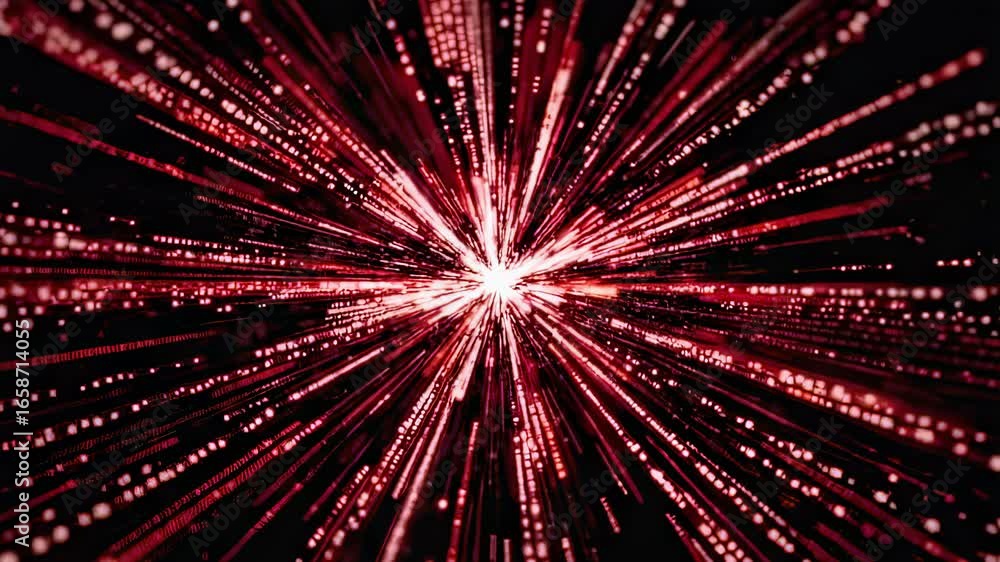 Poster abstract red light streaks radiating from a central point, creating a dynamic and energetic visual e