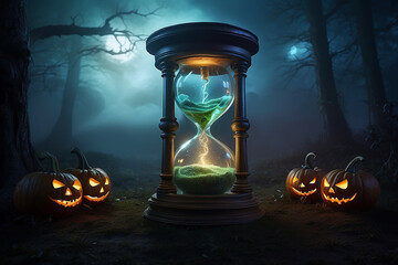  Cinematic Halloween Hourglass with Glowing Jack-o&rsquo;-Lanterns in Moonlit Forest