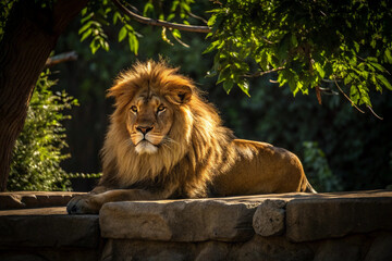 Naklejka premium Majestic lion resting in sunlight under lush green trees