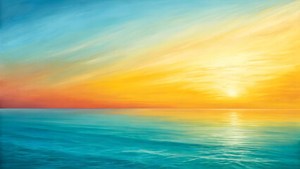 Obraz premium Vibrant abstract digital painting of a serene ocean horizon at sunset with golden yellow and turquoise hues