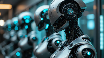 Highly detailed 8K cyberpunk androids with glowing blue LEDs, metallic bodies, and dystopian sci-fi design, featuring cinematic lighting and futuristic technology in a robotic army composition.