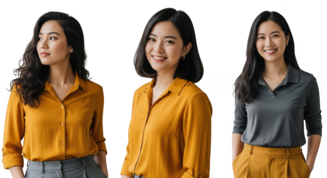 Three asian women in business attire standing together isolated on transparent background