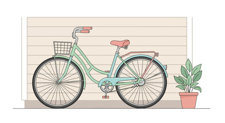 Fototapeta premium Pastel Bicycle Leaning Against Wall With Houseplant In Front Art