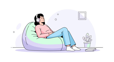 Relaxing With Music Girl Listening To Music On Headphones Illustration