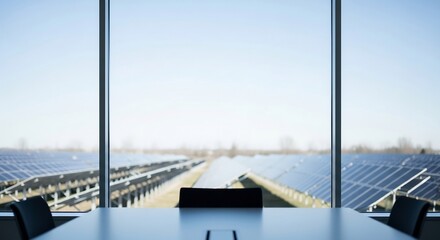 View from a modern office boardroom window looking out over a large solar panel farm. A concept for corporate responsibility, green energy investment, and sustainable business.
