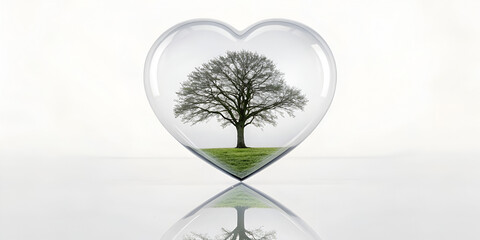 Solitary tree reflected inside glass heart on white background