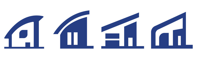 Modern industrial building silhouette icons with curved and angular architectural designs for factory, warehouse, and business use