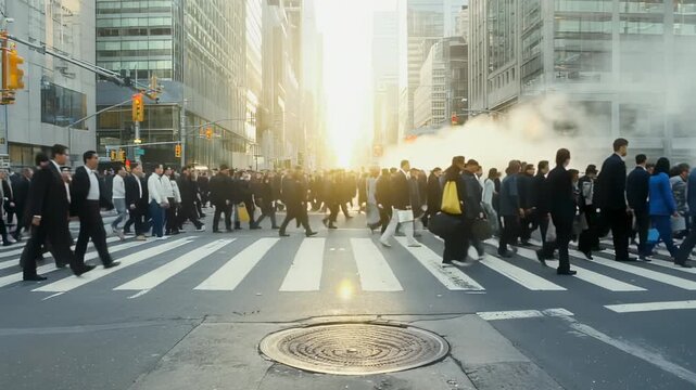 City street scene Commuters crossing at sunrise, urban bustle