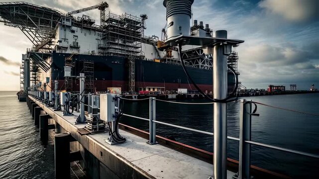 Environmental monitoring sensors installed along the perimeter of the floating LNG module topside integration dock.