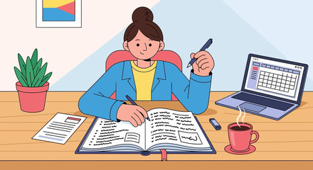Woman Working At Desk With Laptop And Book Illustration