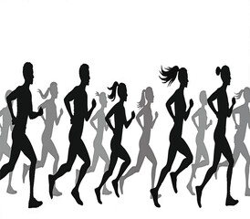 Marathon run. Group of running people, men and women. Isolated vector silhouettes white background.




