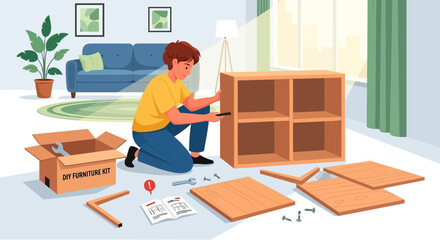 Young Man Assembling Flat Pack Furniture In His Apartment