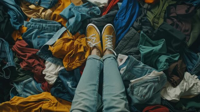 A person stands on top of a pile of clothes, possibly rummaging through or searching for something