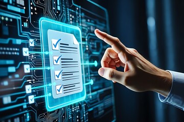 hand pushing a touch screen interface