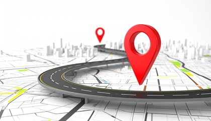 Fototapeta premium Red GPS Pins Define a Journey on an Elevated Highway Over a Minimalist 3D City Map