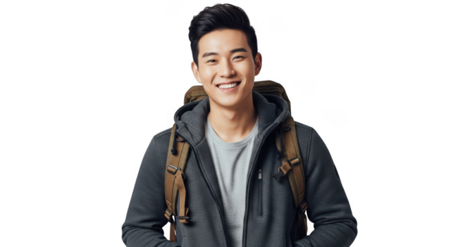 Smiling asian man wearing a backpack and jacket isolated on transparent background - Powered by Adobe