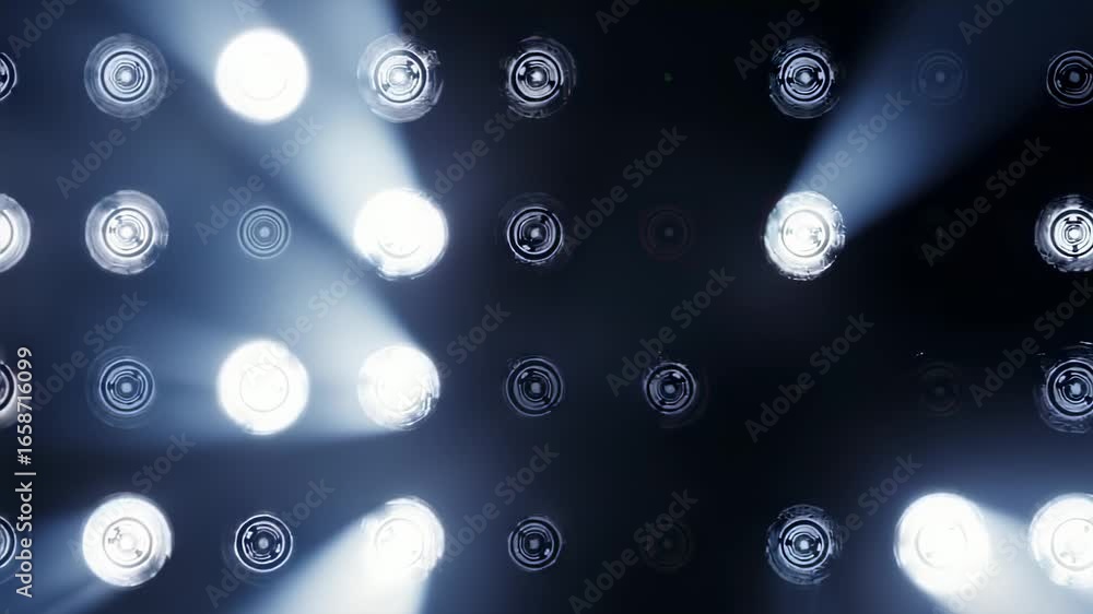 Poster array of stage lights with beams, creating a dynamic and modern visual effect
