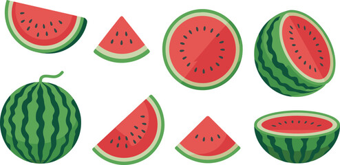 Fresh juicy watermelon vector illustration set with whole fruits, slices, wedges, and half cuts isolated on white background for summer food design