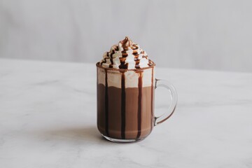 Decadent hot chocolate topped with whipped cream and drizzle