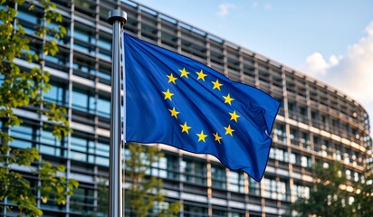 European Union Flag Flying in Front of a Modern Office Building