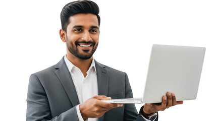 Smiling indian businessman holding a modern laptop isolated on transparent background