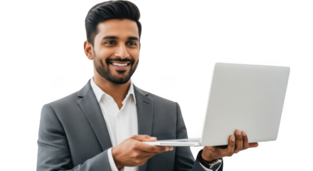 Smiling indian businessman holding a modern laptop isolated on transparent background