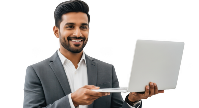 Smiling indian businessman holding a modern laptop isolated on transparent background