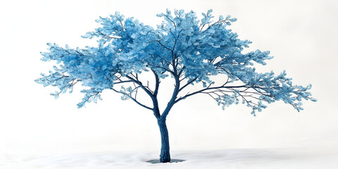 Blue solitary tree with glass like leaves on white background