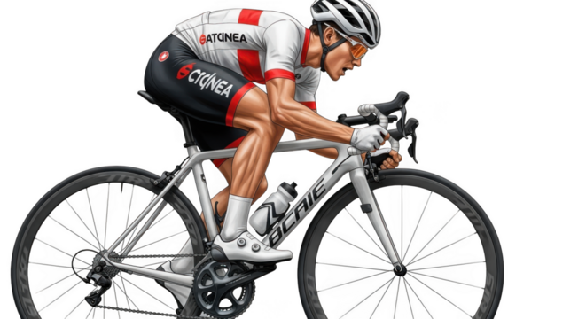 Professional cyclist in aerodynamic pose riding a racing bicycle isolated on transparent background