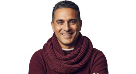 Smiling man with dark hair wearing a maroon sweater and scarf isolated on transparent background