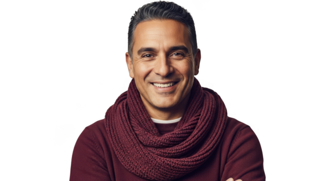 Smiling man with dark hair wearing a maroon sweater and scarf isolated on transparent background - Powered by Adobe