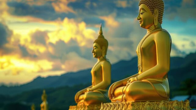 A row of golden Buddha statues sit atop a hill, perfect for decorative use or as a symbol of spirituality