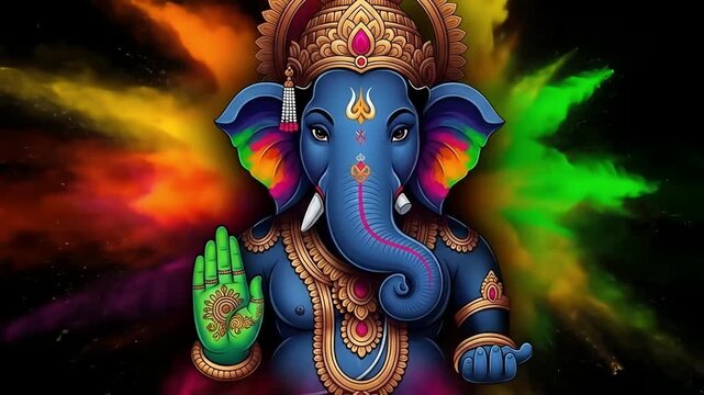 Image is a vibrant digital artwork featuring a stylized depiction of the Hindu deity Ganesha. The layout is asymmetrical, with Ganesha positioned on the right side, emerging from a dark background tha