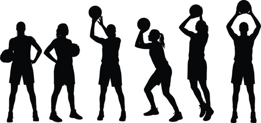 Basketball player silhouettes in various poses holding ball, dynamic sports vector illustration ideal for game, athletic, and recreation designs