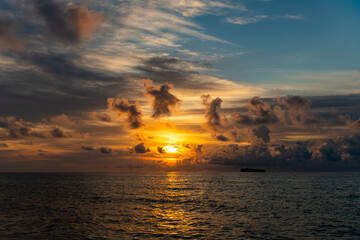 Skyscape with sea sunrise. Peaceful horizon at sea nature. Romantic summer vacation on beach...