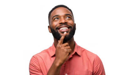 Smiling black man with beard thinking with finger on chin isolated on transparent background