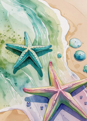 Watercolor beach landscape with seashell and palm tree, beautiful ocean painting,  coastal, tropical beach, summer sunset beach vacation art illustration