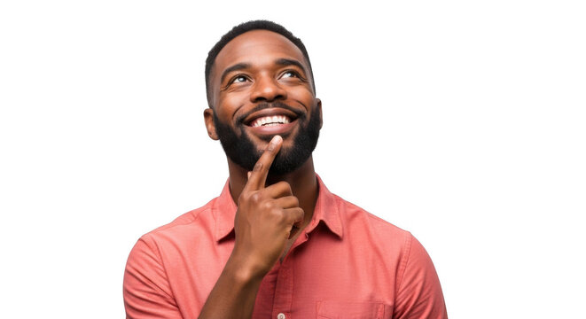 Smiling black man with beard thinking with finger on chin isolated on transparent background