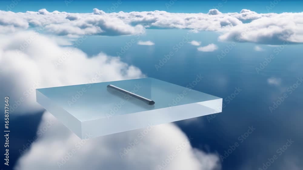 Poster floating abstract platform with metallic rod above clouds